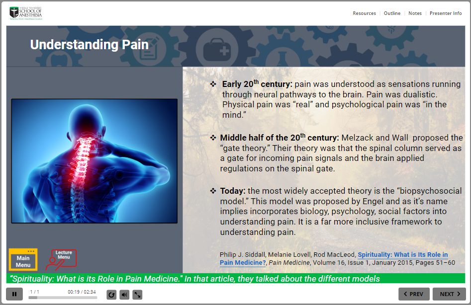 Screenshot of an MTSA module persentation slide titled, "Understanding Pain"